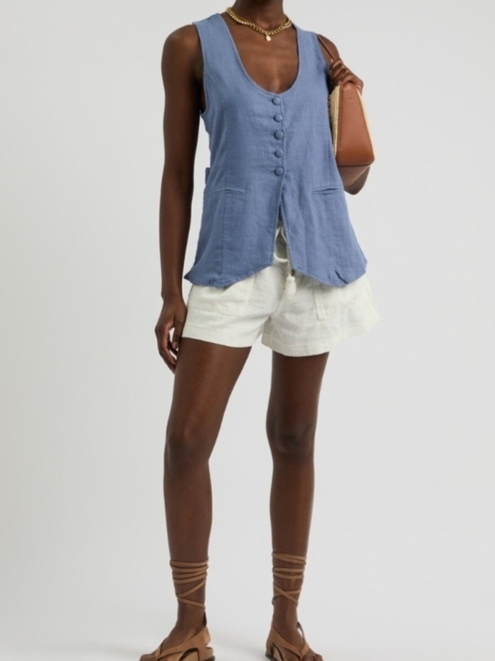 Free People Millie Sleeveless Denim Gray Linen Blend Button Front Shirt Vest - Picture 2 of 8